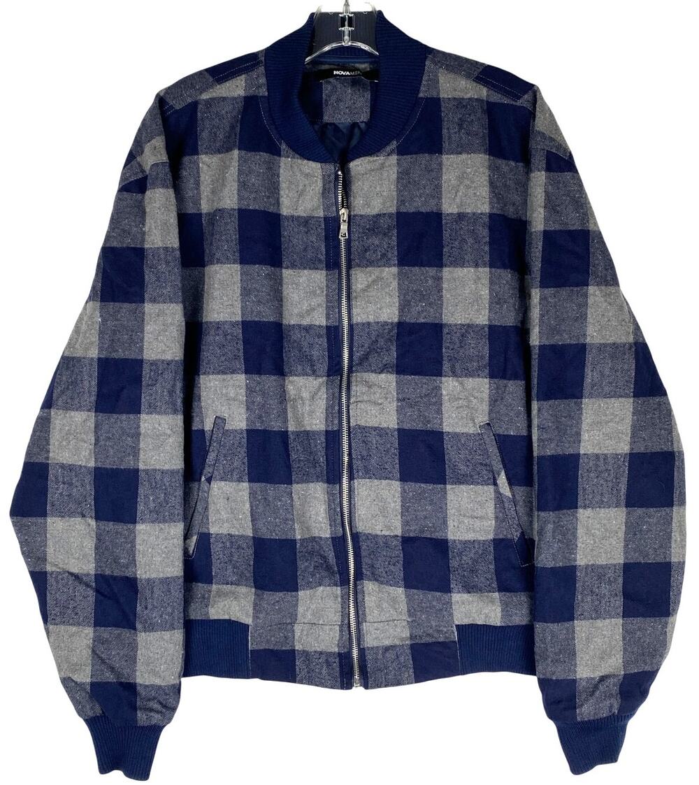 NOVAMEN Buffalo Plaid Bomber Full Zip Jacket Mens L Navy Gray Preppy Heritage